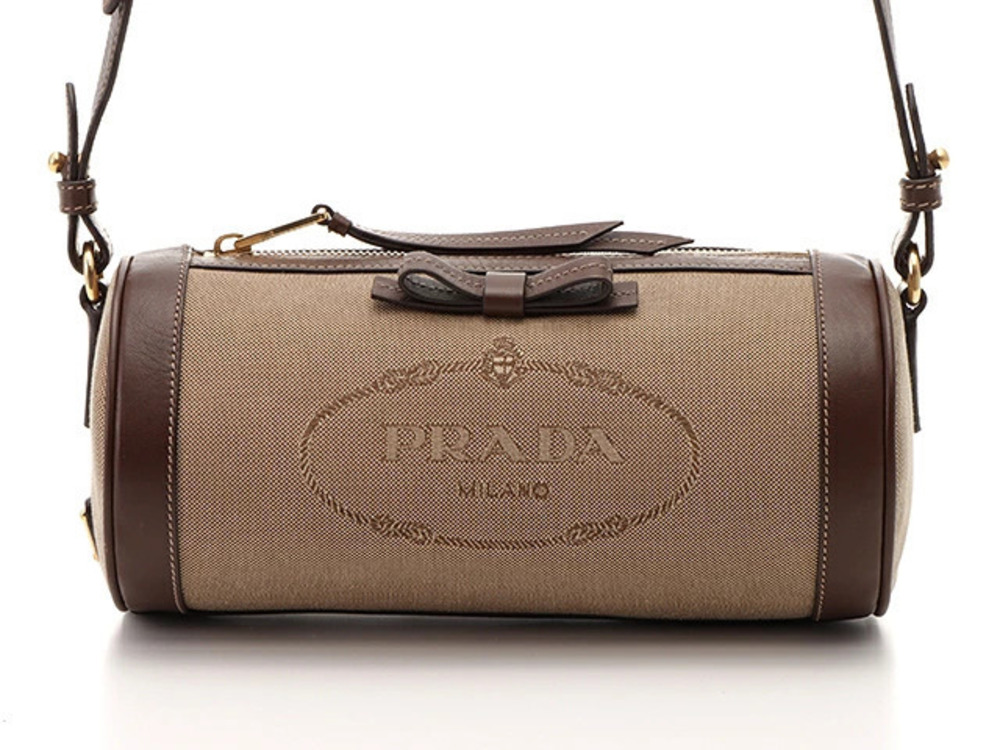 Prada Shoulder Bag Brown Canvas Calfskin Ribbon
